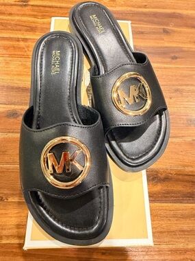 Michael Kors Black Slide Sandals with Gold MK Emblem